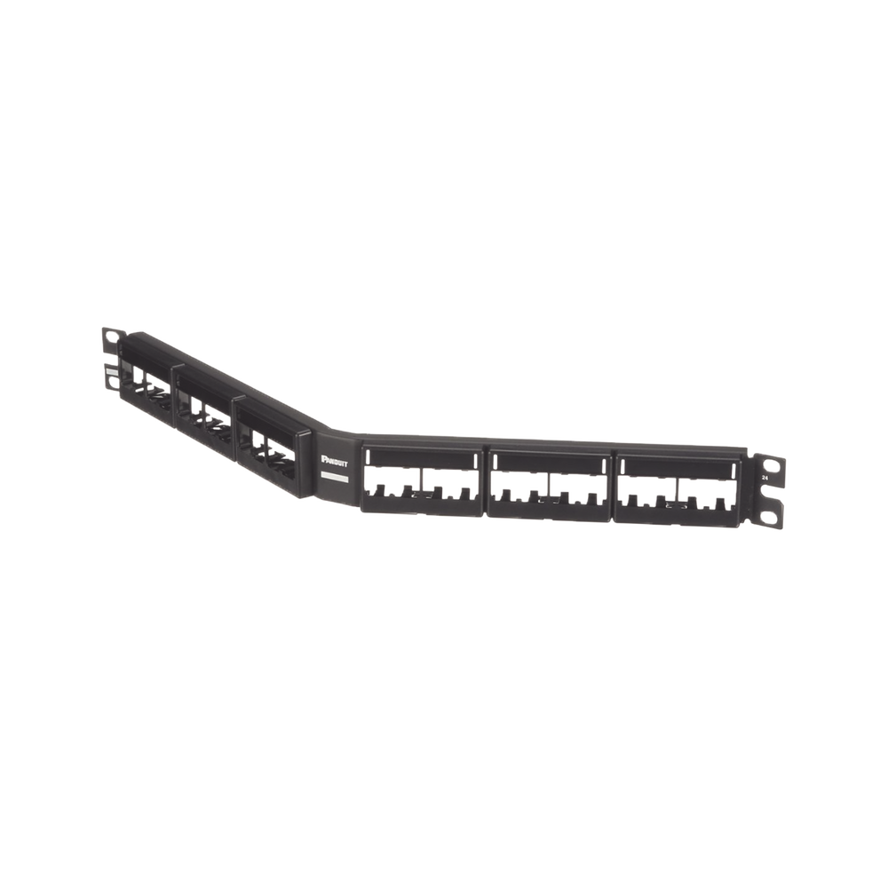 Panel de Parcheo Modular Mini-Com (Sin Conectores), Angulado, Sin Blindaje, Con Etiqueta y Cubierta, de 24 Puertos, 1UR