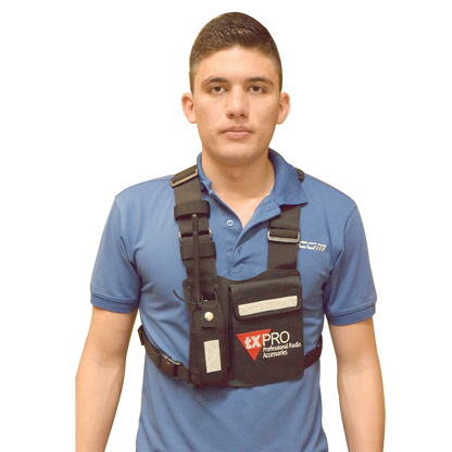Pechera Universal con soporte para radio, sostén de bolígrafo y seguridad para la bolsa con cinta adherente. Logo TX-PRO.