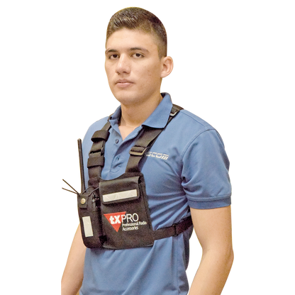 Pechera Universal con soporte para radio, sostén de bolígrafo y seguridad para la bolsa con cinta adherente. Logo TX-PRO.