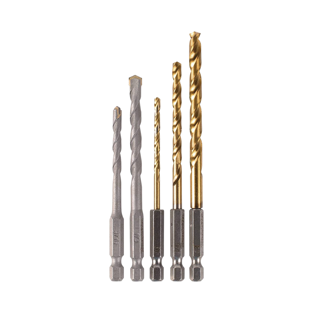 Juego de 5 Brocas con Inserción Hexagonal de 1/4". De concreto: 3/16" y 1/4". Para metal: 1/8", 3/16" y 1/4".
