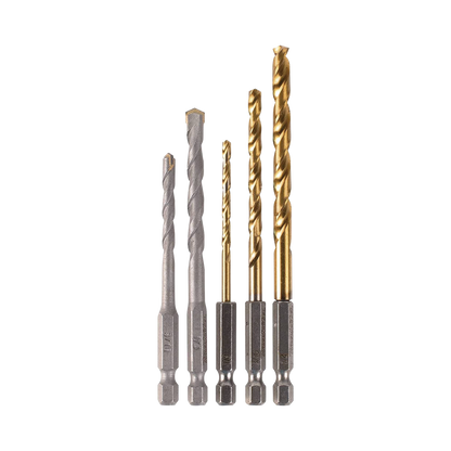 Juego de 5 Brocas con Inserción Hexagonal de 1/4". De concreto: 3/16" y 1/4". Para metal: 1/8", 3/16" y 1/4".
