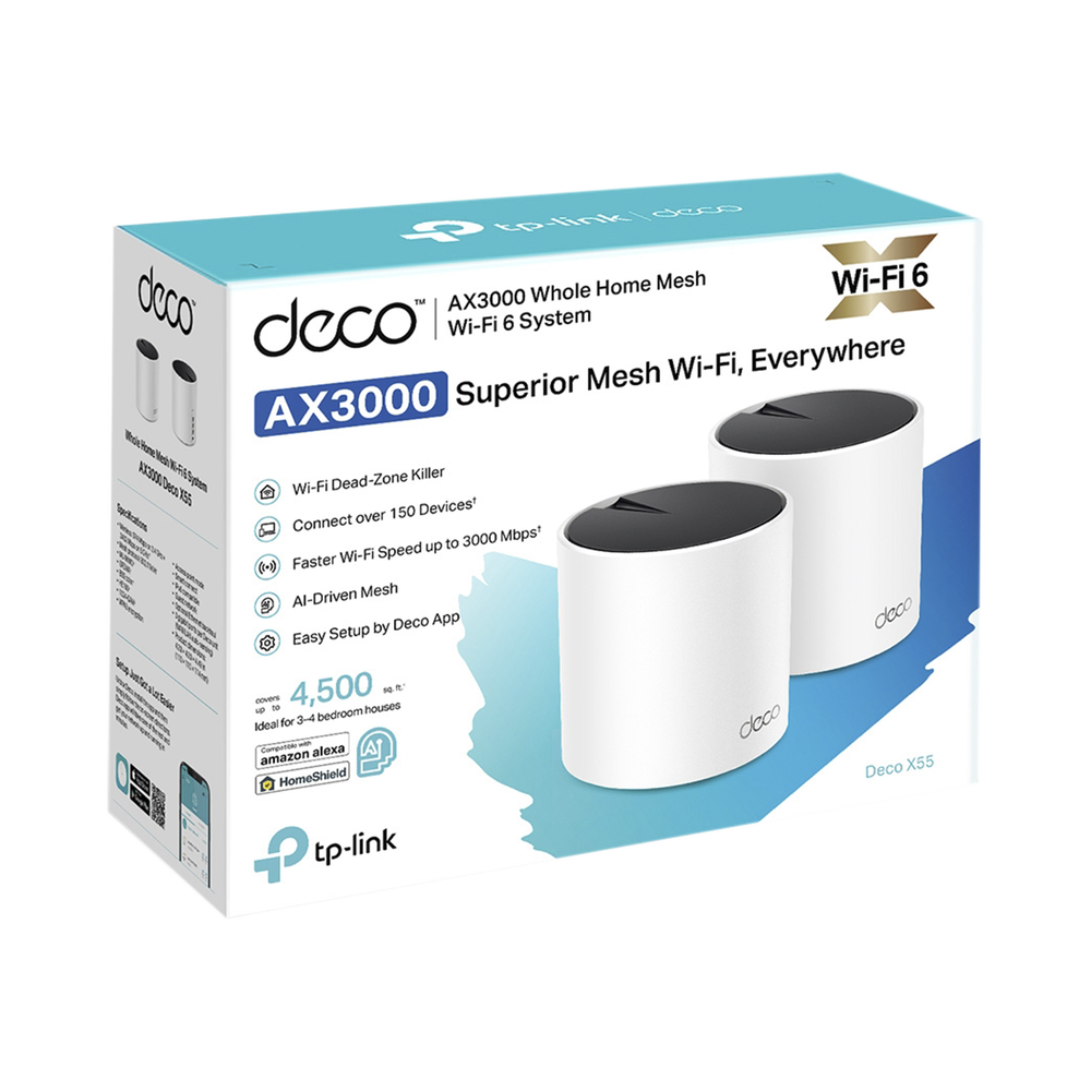 Kit 2 Routers Inalámbricos MESH Interior para Hogar / Doble Banda Wi-Fi 6 AX3000 Mbps / 3 Puerto Gigabit WAN/LAN / 2 Antenas Internas / Administración Mediante la App Deco (iOS, Android) / Protección HomeShield