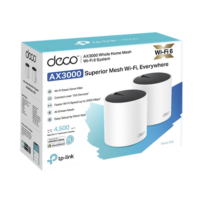 Kit 2 Routers Inalámbricos MESH Interior para Hogar / Doble Banda Wi-Fi 6 AX3000 Mbps / 3 Puerto Gigabit WAN/LAN / 2 Antenas Internas / Administración Mediante la App Deco (iOS, Android) / Protección HomeShield