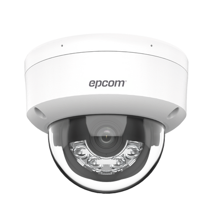 Domo IP 4 Megapixel / Lente 2.8 mm / Dual Light (30 mts IR + 30 mts Luz Blanca) / Micrófono Integrado / Antivandálico IK08 / Motion Detection 2.0 / Exterior IP67 / H.265 / PoE / ONVIF / Micro SD