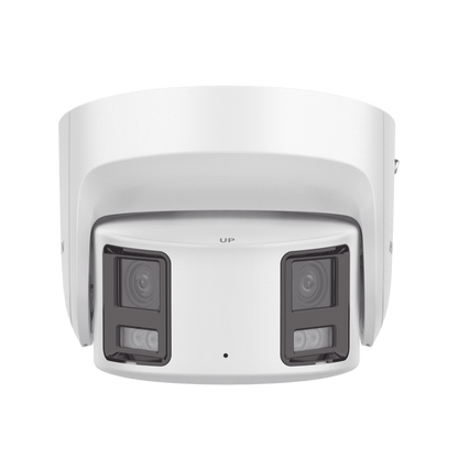 [PROTECCIÓN ACTIVA] Turret IP Panorámica 8 Megapíxel / 2 Lentes 4 mm (180°) / Imagen a Color 24/7 (ColorVu) / PoE / WDR 130° / IP67 / ACUSENSE / Luz Estroboscópica y Alarma Audible / 30 mts Luz Blanca / Micro SD