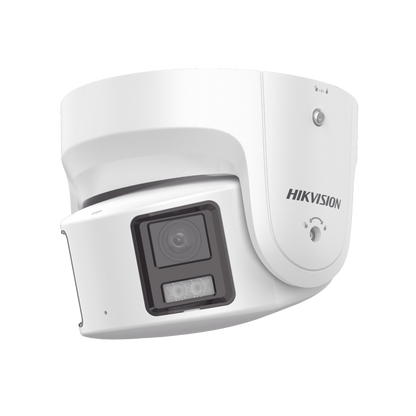 [PROTECCIÓN ACTIVA] Turret IP Panorámica 8 Megapíxel / 2 Lentes 4 mm (180°) / Imagen a Color 24/7 (ColorVu) / PoE / WDR 130° / IP67 / ACUSENSE / Luz Estroboscópica y Alarma Audible / 30 mts Luz Blanca / Micro SD