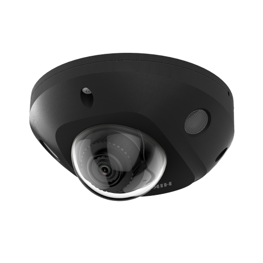 Mini Domo IP 4 Megapixel / Color Negro / Lente 2.8 mm / Micrófono Integrado / 30 mts IR EXIR / Exterior IP67 / IK08 /  WDR 120 dB / PoE / Videoanaliticos (Filtro de Falsas Alarmas) / Entrada y Salida de Audio y Alarm