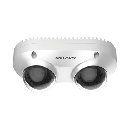 PanoVu Series / Lente Dual de 4 Megapixel / 2 Lentes Fijos de 2.8 mm / Recomendado para Pasillos o Esquinas / IP67 / IK10 / PoE / WDR 120 dB / 10 mts IR / Entrada y Salida de Audio y Alarma / MicroSD