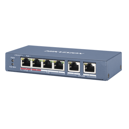 Switch PoE+ / No Administrable / 3 Puertos 10/100 Mbps 802.3 af/at (30 W) + 1 Puerto 10/100 Mbps Hi-PoE (60 W) / 2 Puertos 10/100 Mbps Uplink / Modo Extendido hasta 300 Metros / 60 W