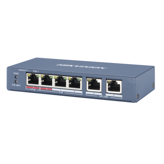 Switch PoE+ / No Administrable / 3 Puertos 10/100 Mbps 802.3 af/at (30 W) + 1 Puerto 10/100 Mbps Hi-PoE (60 W) / 2 Puertos 10/100 Mbps Uplink / Modo Extendido hasta 300 Metros / 60 W