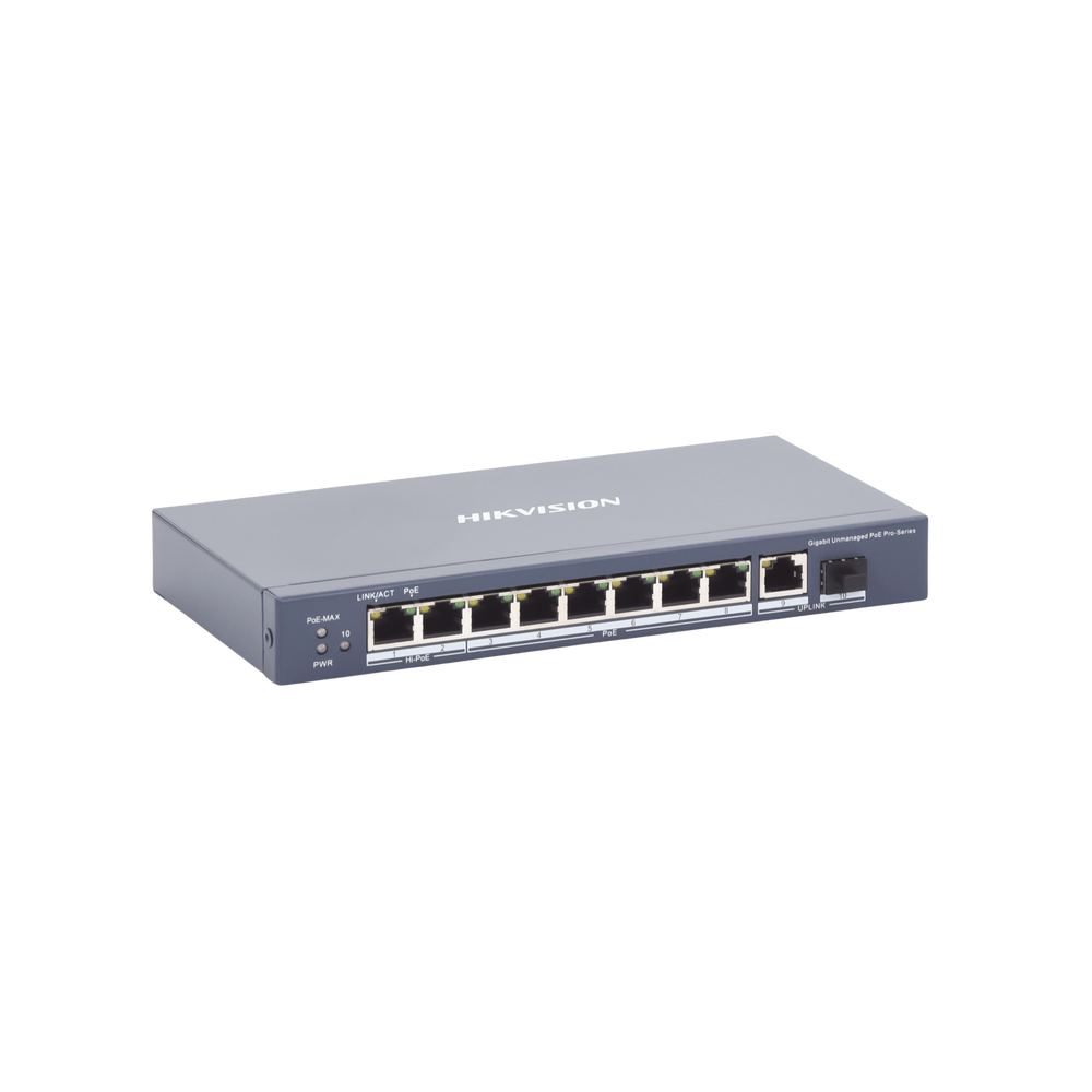 Switch PoE+ / No Administrable / 7 Puertos 1000 Mbps 802.3 af/at (30 W) / 2 Puertos 1000 Mbps Hi-PoE (90 W) / 1 Puertos 1000 Mbps Uplink / 1 Puerto SFP / Modo Extendido hasta 300 Metros / 110 Watts