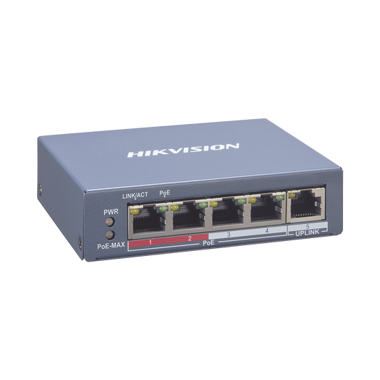 Switch Monitoreable PoE+ / 4 puertos 100 Mbps PoE+ / 1 Puerto 100 Mbps Uplink / PoE hasta 250 Metros / 60 Watts / Conexión Remota desde Hik-PartnerPro