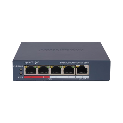 Switch PoE+ / Monitoreable / 4 Puertos 10/100 Mbps PoE+ / 1 Puerto 10/100 Mbps Uplink / Configuración Nube Hik-PartnerPro / Modo Extendido hasta 300 Metros /  45 W