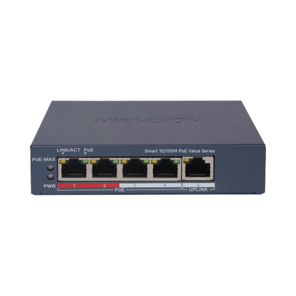 Switch PoE+ / Monitoreable / 4 Puertos 10/100 Mbps PoE+ / 1 Puerto 10/100 Mbps Uplink / Configuración Nube Hik-PartnerPro / Modo Extendido hasta 300 Metros /  45 W