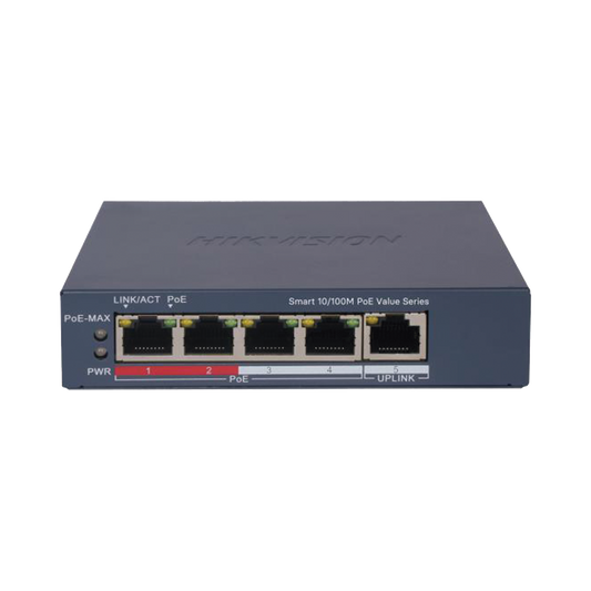 Switch PoE+ / Administrable / 4 Puertos 10/100 Mbps PoE+ / 1 Puerto 10/100 Mbps Uplink / Configuración Nube Hik-PartnerPro / Modo Extendido hasta 300 Metros /  45 W
