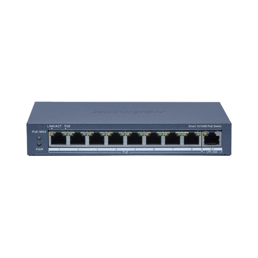 Switch PoE+ / Monitoreable / 8 Puertos 10/100 Mbps PoE+ / 1 Puerto 1000 Mbps de Uplink / Configuración Nube Hik-PartnerPro / Modo Extendido hasta 300 Metros / 110 W