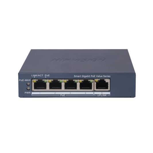 Switch Gigabit PoE+ / Administrable / 4 Puertos 1000 Mbps PoE+ / 1 Puerto 1000 Mbps Uplink / Configuración Nube Hik-PartnerPro / Modo Extendido hasta 300 Metros / 45 Watts