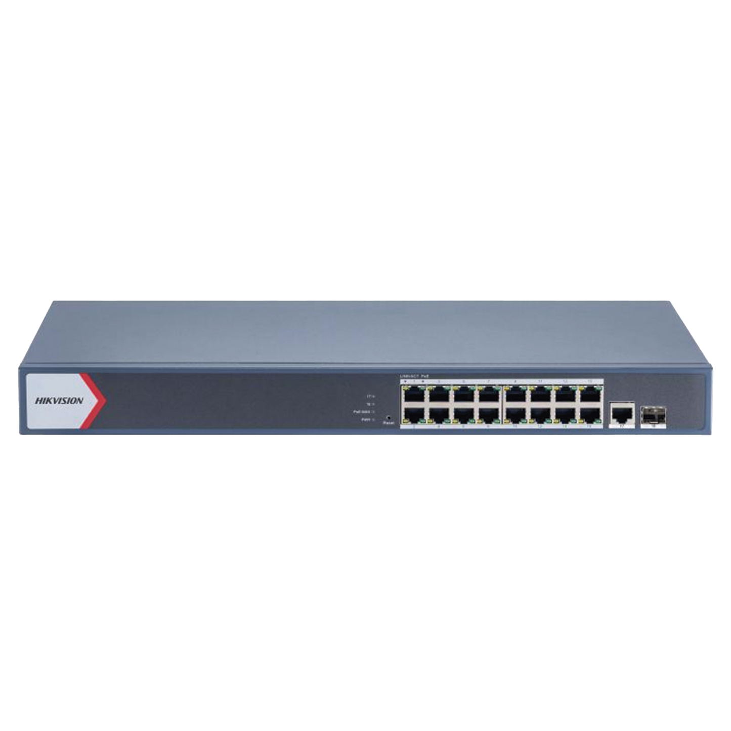 Switch Gigabit PoE+ / Administrable / 16 Puertos 1000 Mbps PoE+ / 1 Puerto 1000 Mbps de Uplink / 1 Puerto SFP /  Configuración Nube desde Hik-Partner Pro / Modo Extendido hasta 300 Metros / 230 Watts