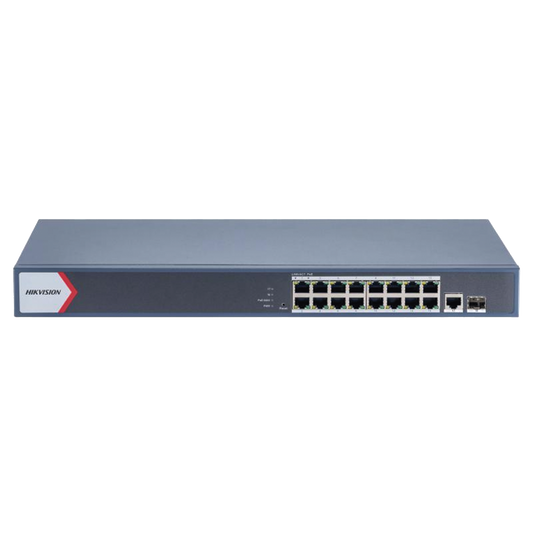 Switch Gigabit PoE+ / Administrable / 16 Puertos 1000 Mbps PoE+ / 1 Puerto 1000 Mbps de Uplink / 1 Puerto SFP /  Configuración Nube desde Hik-Partner Pro / Modo Extendido hasta 300 Metros / 230 Watts