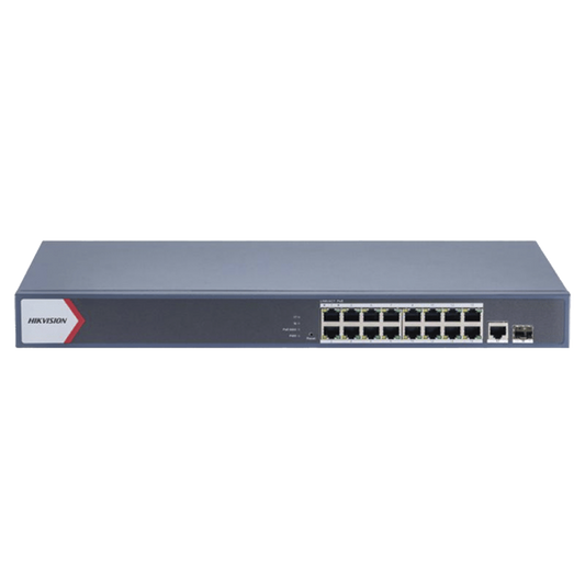 Switch Gigabit PoE+ / Monitoreable / 16 Puertos 1000 Mbps PoE+ / 1 Puerto 1000 Mbps de Uplink / 1 Puerto SFP /  Configuración Remota desde Hik-PartnerPro / Modo Extendido hasta 300 Metros / 130 Watts