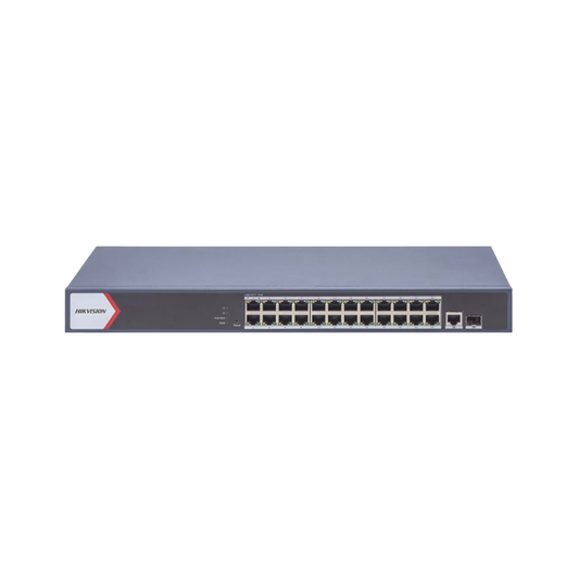 Switch Gigabit PoE+ / Administrable / 24 Puertos 1000 Mbps PoE+ / 1 Puerto 1000 Mbps Uplink  / 1 Puertos SFP Uplink / Configuración Nube Hik-Partner Pro / Modo Extendido hasta 300 Metros / 230 W