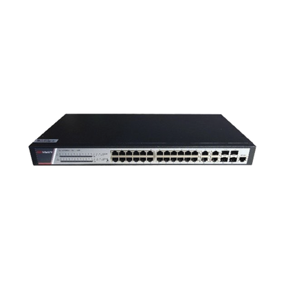 Switch Gigabit PoE+ / Administrable / 24 Puertos 1000 Mbps PoE+ / 4 Puertos 1000 Mbps + 4 Puertos SFP de Uplink / 370 Watts / Soporta IGMP