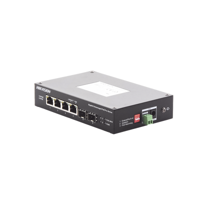 Switch Industrial No Administrable Gigabit / 3 Puertos Gigabit PoE+ (30 W) + 1 Puerto Gigabit PoE++ (60 W) / 2 Puertos SFP / 65 W Total / 48 a 57 VCD / Ideal para Proyectos / 300 Metros de Distancia