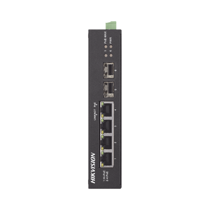 Switch Industrial No Administrable Gigabit / 3 Puertos Gigabit PoE+ (30 W) + 1 Puerto Gigabit PoE++ (60 W) / 2 Puertos SFP / 65 W Total / 48 a 57 VCD / Ideal para Proyectos / 300 Metros de Distancia