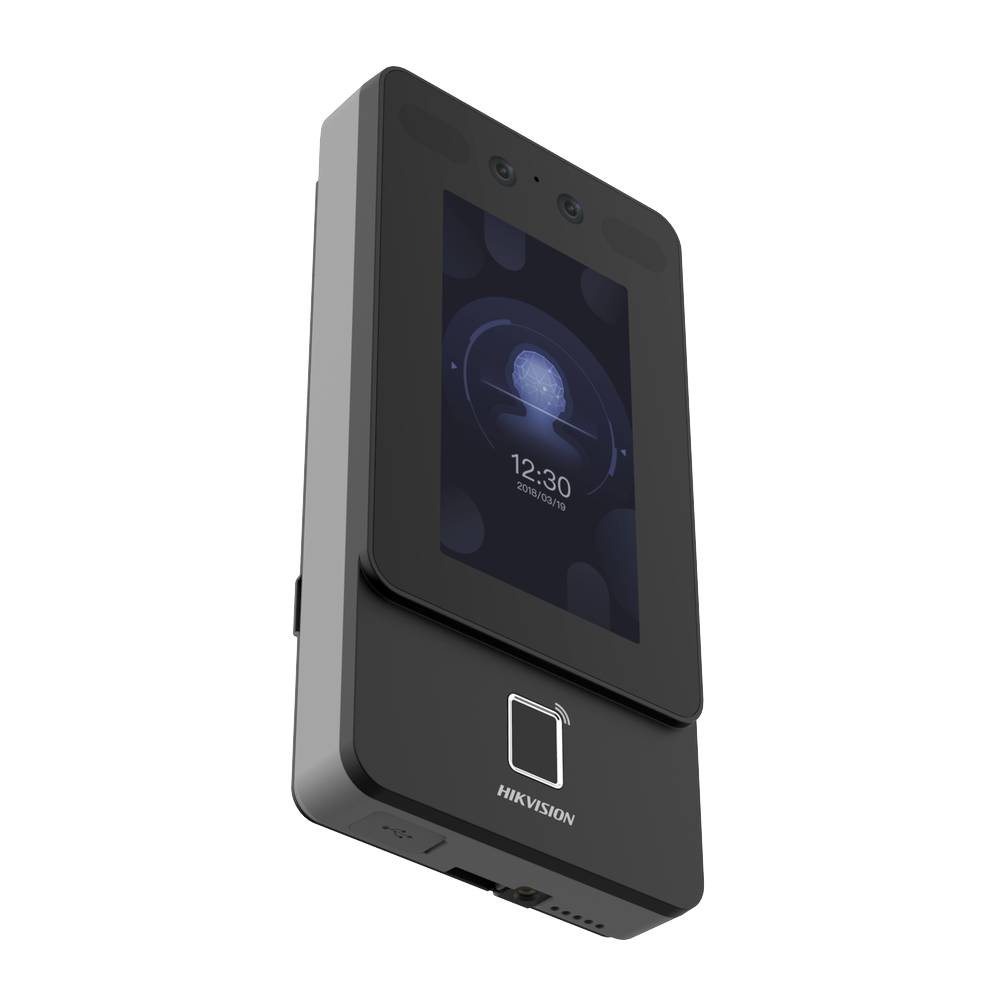 Terminal Min Moe PoE & WiFi de Reconocimiento Facial y Huella con Lector MIFARE / Exterior IP65  / Hasta 1.5 mts en Lectura de Rostro / Soporta P2P / 1,500 Rostros / 3,000 Huellas / Salida 12 Vcd para Chapa / PoE / SIP Estandar / HIK-IA