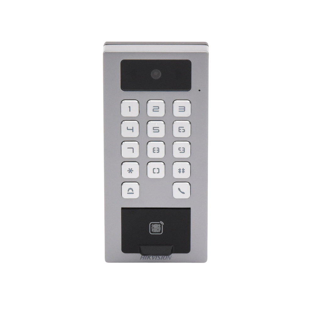 Terminal de Control de Acceso / Videoportero Multiapartamento Llamada a App / Teclado / Exterior Antivandálico IP65 & IK09 / Huella, Tarjeta, Código QR, PIN o App Hik-Connect  / Cámara 2 MP compatible con NVRs