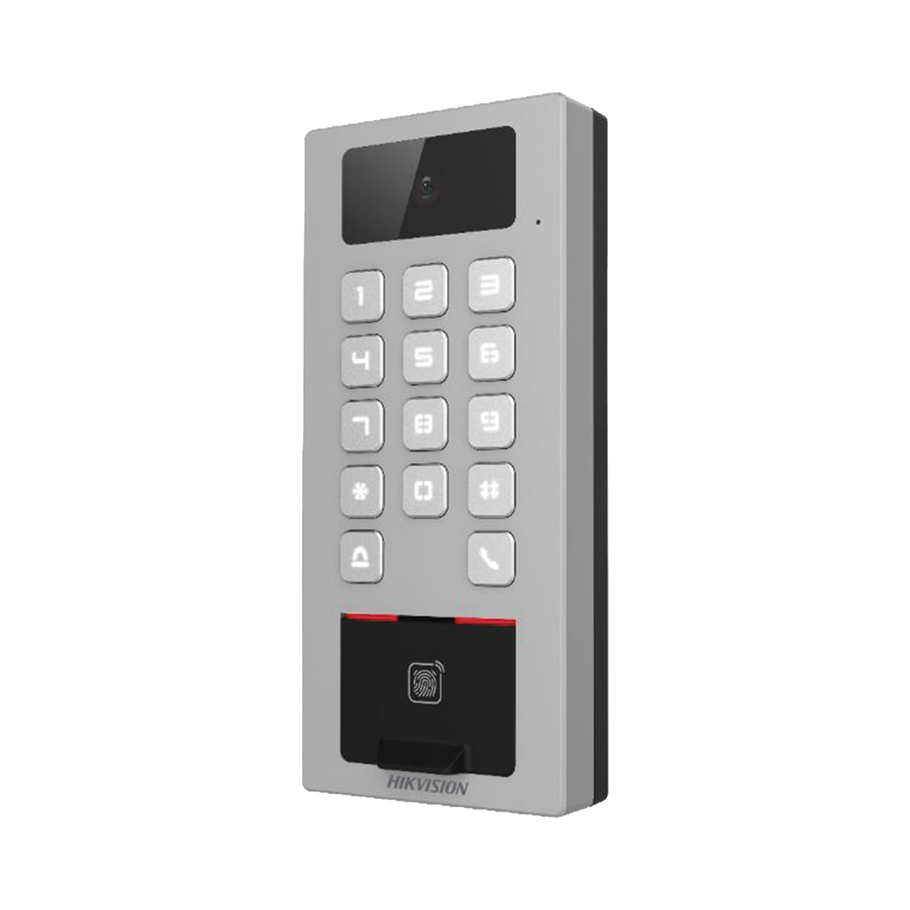 Terminal de Control de Acceso / Videoportero Multiapartamento Llamada a App / Teclado / Exterior Antivandálico IP65 & IK09 / Huella, Tarjeta, Código QR, PIN o App Hik-Connect  / Cámara 2 MP compatible con NVRs