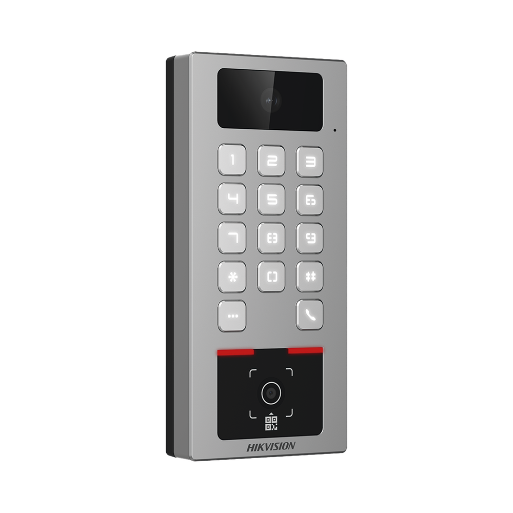 Teclado con Lector Físico de QRs para Exterior Antivandálico IP65 & IK09 con función de Videoportero Multiapartamento / Tarjeta, Código QR, PIN o App HikConnect  / Cámara 2 MP compatible con NVRs / Soporta b