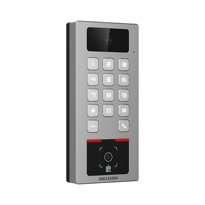 Teclado con Lector Físico de QRs para Exterior Antivandálico IP65 & IK09 con función de Videoportero Multiapartamento / Tarjeta, Código QR, PIN o App HikConnect  / Cámara 2 MP compatible con NVRs / Soporta b