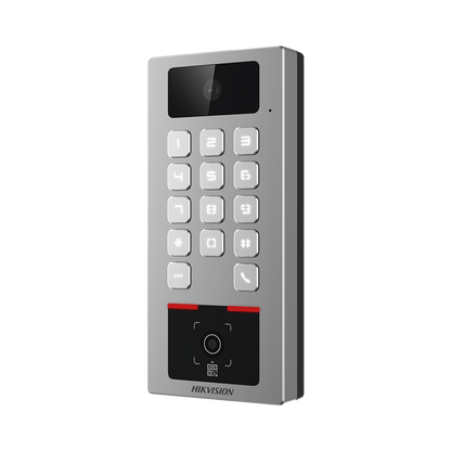 Teclado con Lector Físico de QRs para Exterior Antivandálico IP65 & IK09 con función de Videoportero Multiapartamento / Tarjeta, Código QR, PIN o App HikConnect  / Cámara 2 MP compatible con NVRs / Soporta b