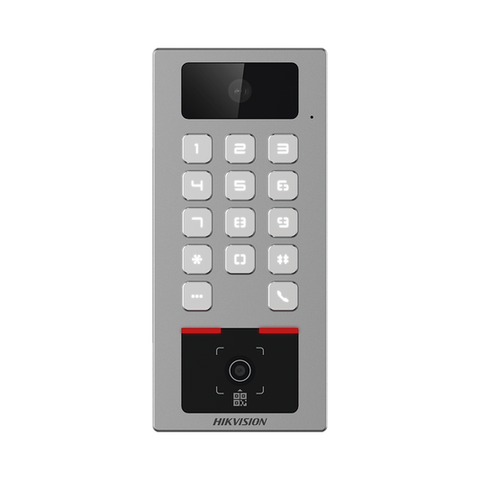 Teclado con Lector Físico de QRs para Exterior Antivandálico IP65 & IK09 con función de Videoportero Multiapartamento /  Huella, Tarjeta, Código QR, PIN o App HikConnect  / Cámara 2 MP compatible con NVRs / Soporta b