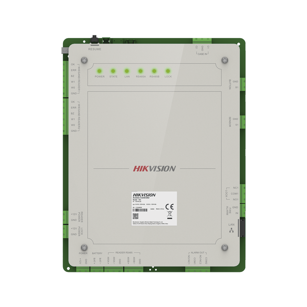 Controlador de Acceso 1 Puerta Administrable en la Nube con Hik-Connect Teams / Interfaz Web / 2 Lectores de Huella o Tarjeta / 100,000 Tarjetas / 10,000 Huellas / Incluye Gabinete y Fuente de Alimentación 12v 4A / Soporta Batería de Respald