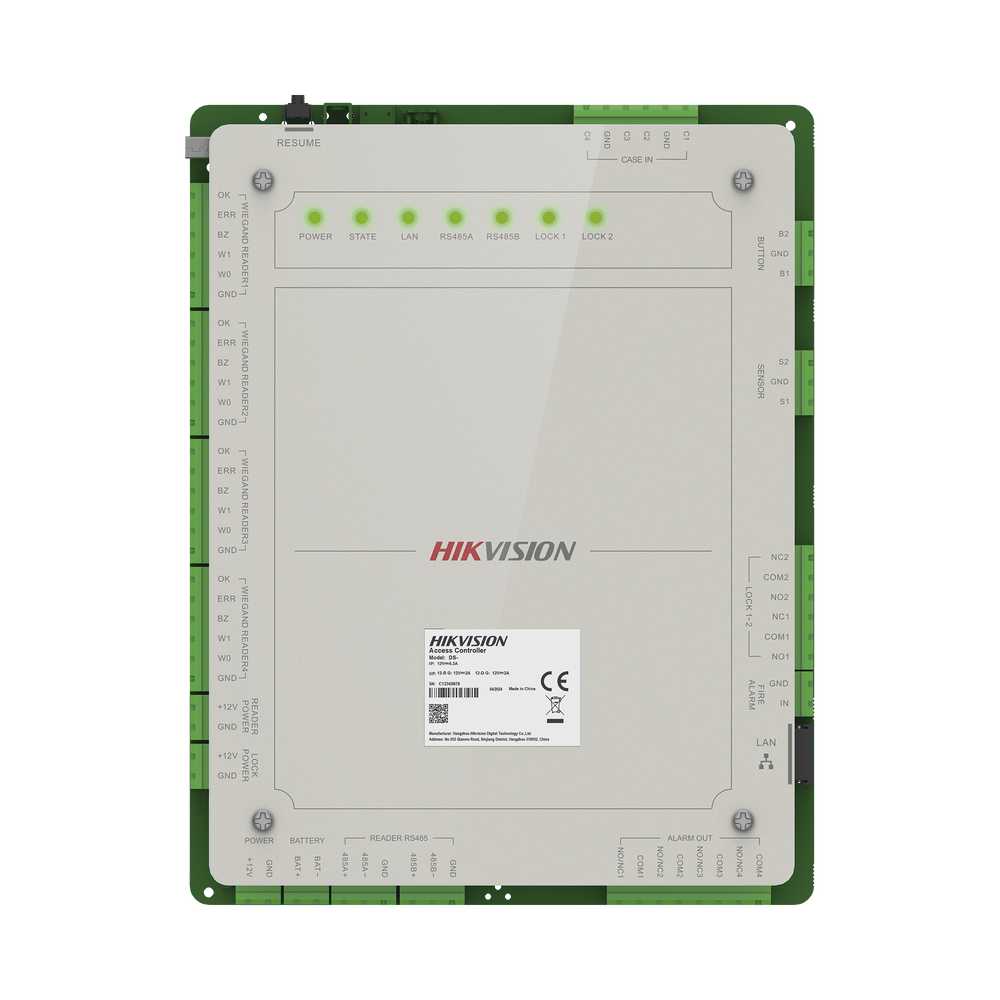 Controlador de Acceso 2 Puertas Administrable en la Nube con Hik-Connect Teams / Interfaz Web / 4 Lectores de Huella o Tarjeta / 100,000 Tarjetas / 10,000 Huellas / Incluye Gabinete y Fuente de Alimentación 12 Vcd 8 A / Soporta Batería de Re