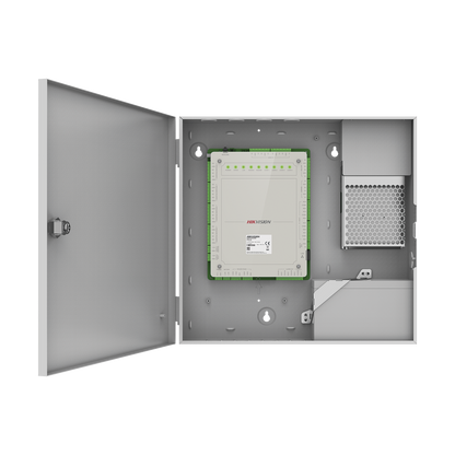 Controlador de Acceso 4 Puertas Administrable en la Nube con Hik-Connect Teams / Interfaz Web / 8 Lectores de Huella o Tarjeta / 100,000 Tarjetas / 10,000 Huellas / Incluye Gabinete y Fuente de Alimentación 12Vcd 8 A / Soporta Batería de Res