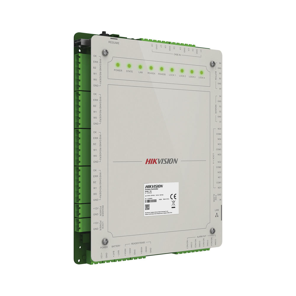 Controlador de Acceso 4 Puertas Administrable en la Nube con Hik-Connect Teams / Interfaz Web / 8 Lectores de Huella o Tarjeta / 100,000 Tarjetas / 10,000 Huellas / Incluye Gabinete y Fuente de Alimentación 12Vcd 8 A / Soporta Batería de Res