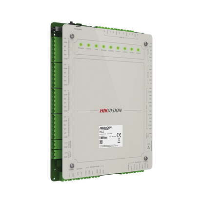 Controlador de Acceso 4 Puertas Administrable en la Nube con Hik-Connect Teams / Interfaz Web / 8 Lectores de Huella o Tarjeta / 100,000 Tarjetas / 10,000 Huellas / Incluye Gabinete y Fuente de Alimentación 12Vcd 8 A / Soporta Batería de Res