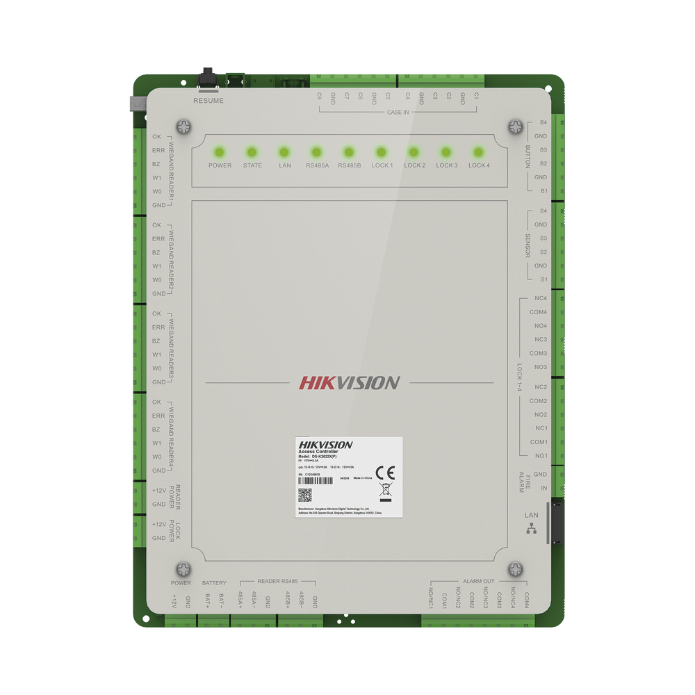 Controlador de Acceso 4 Puertas Administrable en la Nube con Hik-Connect Teams / Interfaz Web / 8 Lectores de Huella o Tarjeta / 100,000 Tarjetas / 10,000 Huellas / Incluye Gabinete y Fuente de Alimentación 12Vcd 8 A / Soporta Batería de Res