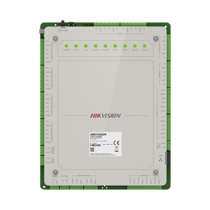 Controlador de Acceso 4 Puertas Administrable en la Nube con Hik-Connect Teams / Interfaz Web / 8 Lectores de Huella o Tarjeta / 100,000 Tarjetas / 10,000 Huellas / Incluye Gabinete y Fuente de Alimentación 12Vcd 8 A / Soporta Batería de Res