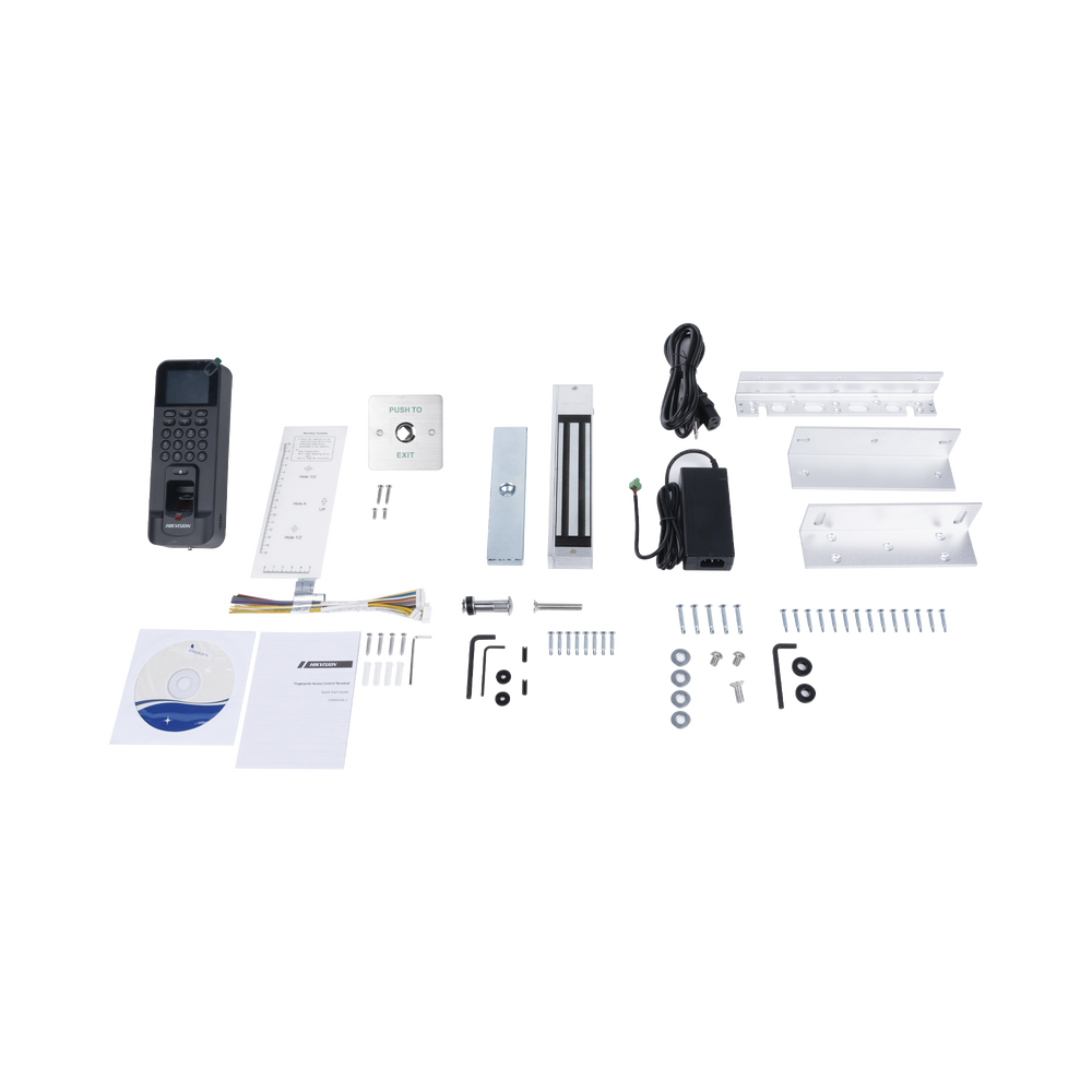 Kit de Control de Acceso TODO INCLUIDO con Lector de Huellas y Tarjetas / 3,000 Huellas / Compatible con App Hik-Connect / Incluye Electroimán  Botón de Salida y Montajes Z y L para imán (DS-K1T804)