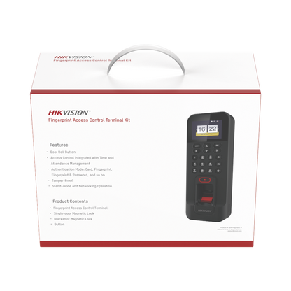 Kit de Control de Acceso TODO INCLUIDO con Lector de Huellas y Tarjetas / 3,000 Huellas / Compatible con App Hik-Connect / Incluye Electroimán  Botón de Salida y Montajes Z y L para imán (DS-K1T804)