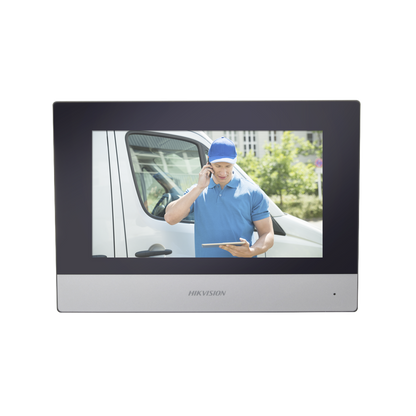 Monitor Hibrido IP WiFi Touch Screen 7" para DS-KIS303P / Vídeo en Vivo / PoE Estándar / Apertura Remota / Llamada Entre Monitores / Audio de dos vías / Policarbonato