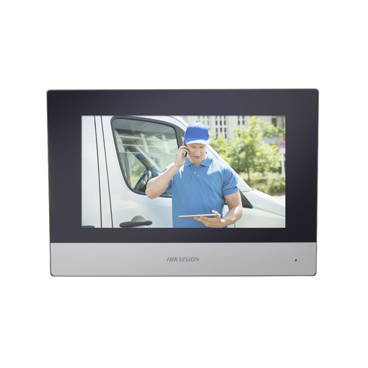 Monitor Hibrido IP WiFi Touch Screen 7" para DS-KIS303P / Vídeo en Vivo / PoE Estándar / Apertura Remota / Llamada Entre Monitores / Audio de dos vías / Policarbonato