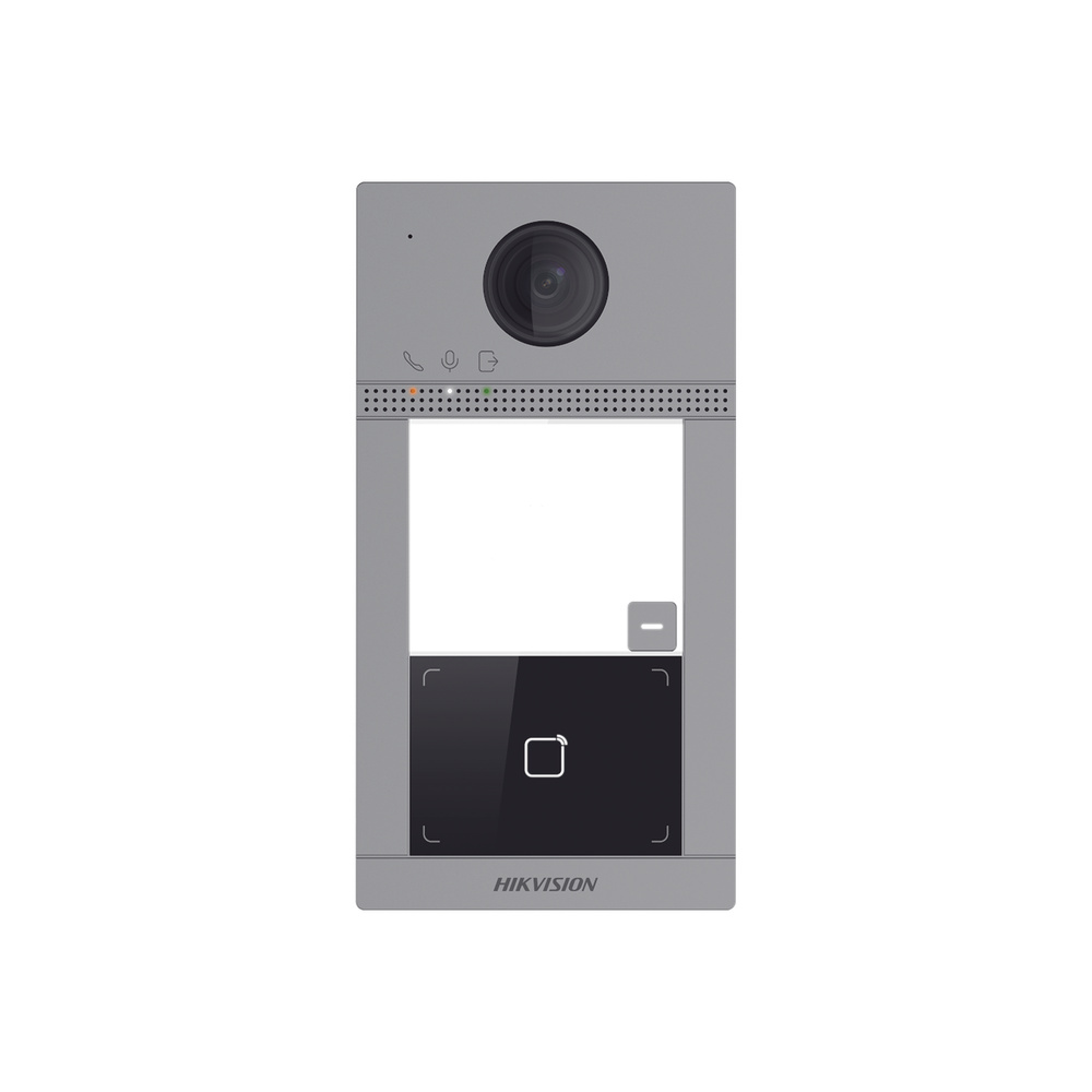 Videoportero IP 2 Megapixel / Llamada y Apertura Remota desde App Hik-Connect / PoE / Exterior IP65 + Antivandalico IK08 / 1 Departamento / Apertura con Tarjeta / Soporta 2 Puertas y hasta 6 Monitores