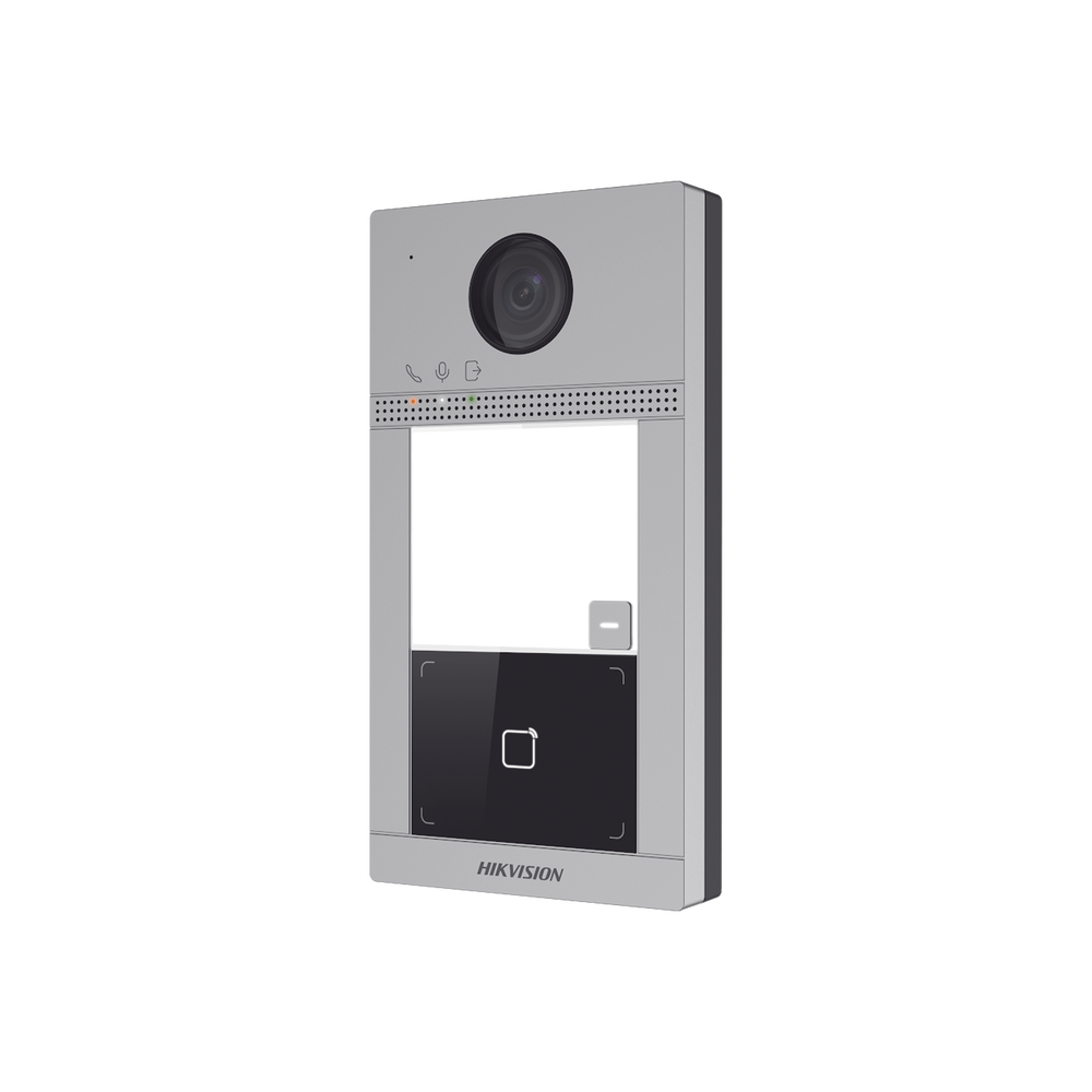 Videoportero IP 2 Megapixel / Llamada y Apertura Remota desde App Hik-Connect / PoE / Exterior IP65 + Antivandalico IK08 / 1 Departamento / Apertura con Tarjeta / Soporta 2 Puertas y hasta 6 Monitores
