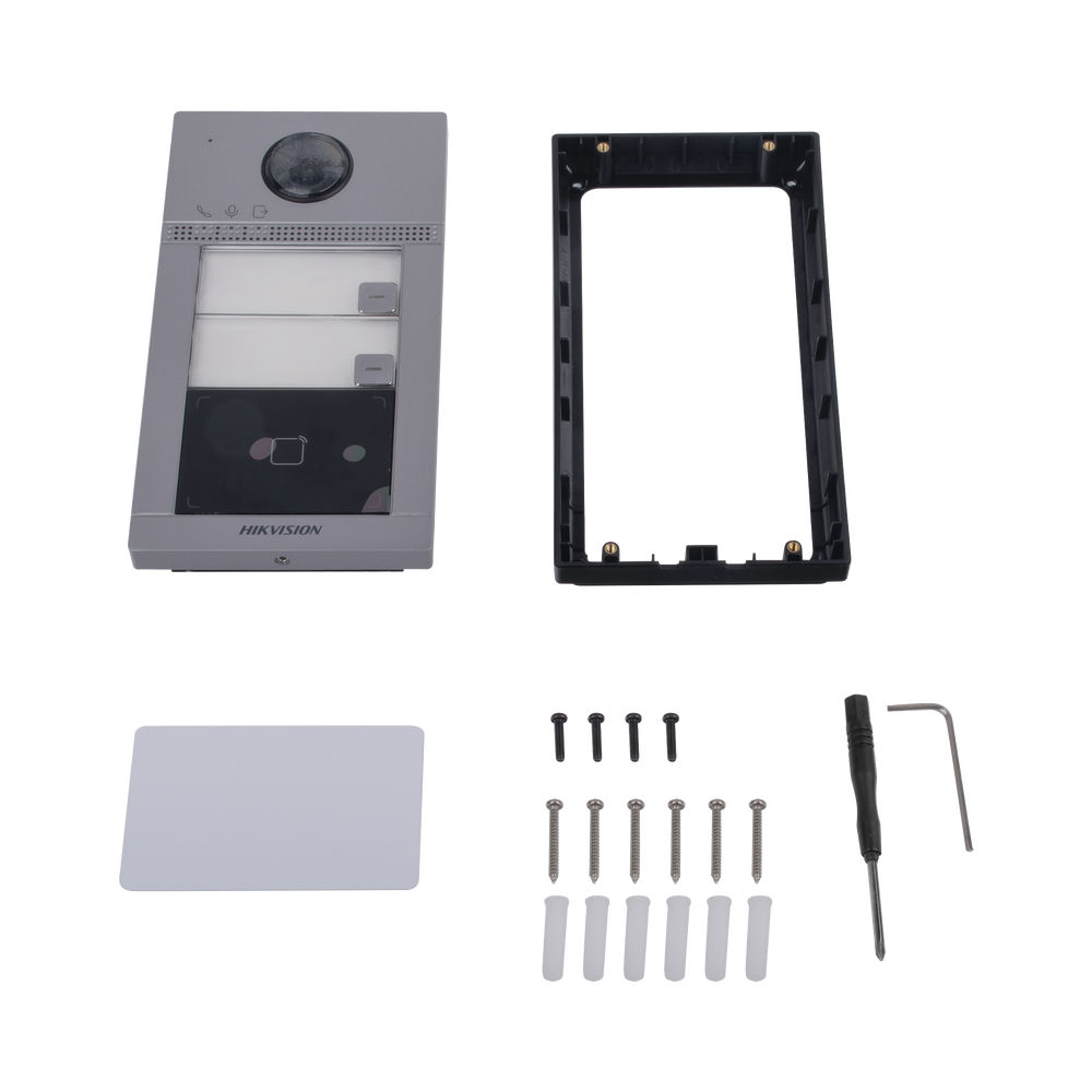 Videoportero IP (IP65 + IK08) con Llamada y apertura desde APP Hik-Connect / Soporta 2 Departamentos / PoE Estandar  / Interfaz WEB para configuración / 2 puertas