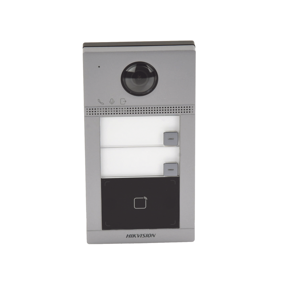 Videoportero IP (IP65 + IK08) con Llamada y apertura desde APP Hik-Connect / Soporta 2 Departamentos / PoE Estandar  / Interfaz WEB para configuración / 2 puertas